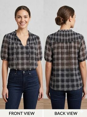 Tommy Hilfiger Black Plaid Ruffle Neck Chiffon Blouse Size L